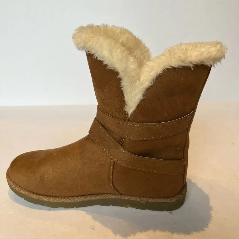 Air Walk Women's Mid Calf Boots Brown/Beige Size 7.5 Faux Fur Trim